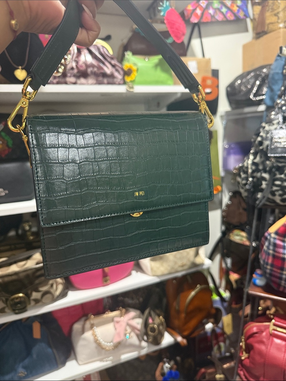 JW PEI Dark Green Croc-Embossed Top-Handle Bag